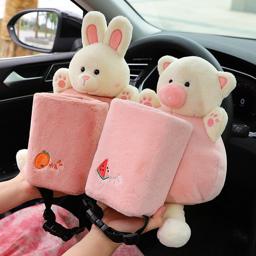 Car Trash Tissue Box 2-in-1 Car Armrest Box Storage Bucket Cartoon Decorative Supplies for Women