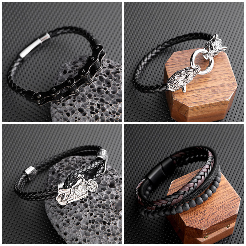 European and American Foreign Trade Punk Leather Wolf Head Bracelet Hand-woven Beaded Bracelet Men's Personalized Bicycle Chain Bracelet Jewelry
