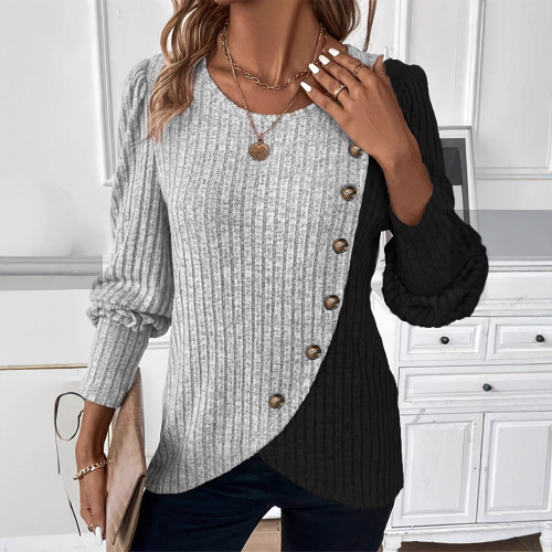 Amazon 2025 cross-border European and American women's autumn and winter new casual pit strip buttons long-sleeved top women's clothing