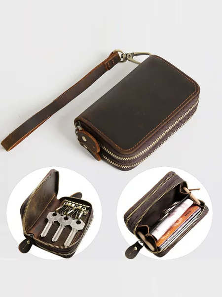 Men's Vintage Crazy Horse Top Layer Cowhide Multifunctional Key Bag Short Key Bag Genuine Leather Zipper Coin Purse Card Bag