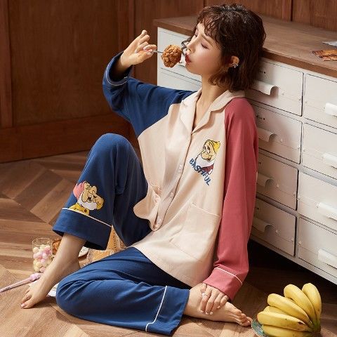 Pijamas de las mujeres Primavera, Otoño e Invierno 100% algodón de manga larga de estilo coreano dulce lindo estudiante cardigan ropa para el hogar