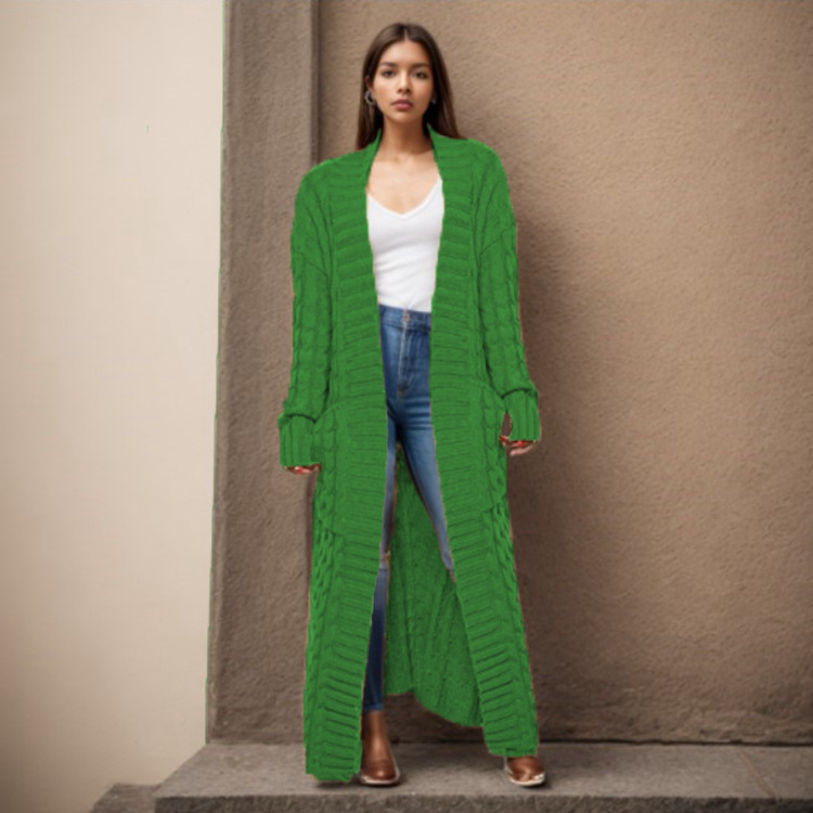 Damen-Strickjacke mit langen Ärmeln, einfarbig, langer Pullover, dicker Mantel_voghion.com