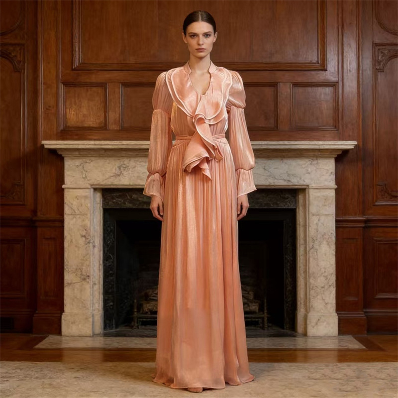 European and American Goddess Style Retro Heavy-Duty Fairy-Like Floral Collar Design Acetate Satin Light Luxury Long Dress Gown in Multiple Colors