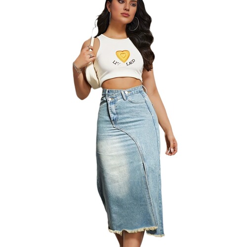 Summer New Deconstructed Slit High-Waist Denim Half-Shift Cotton High-Waist Slimming Design Women's Skirt