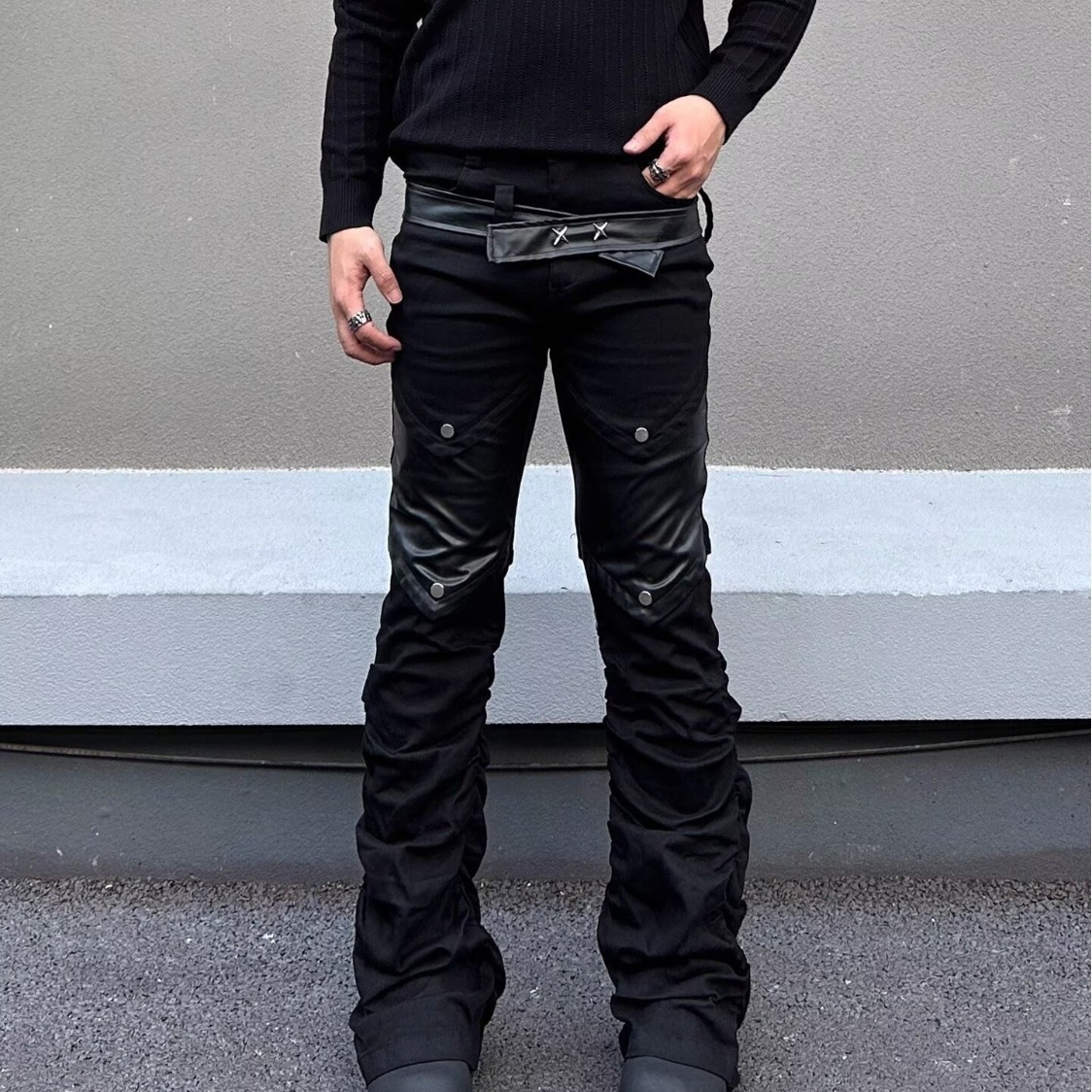 Men's Retro Washed Distressed Cleanfit Jeans Slightly Flared Slimming Black High Street Style American Vibe Curved Pants_mkmklike.com