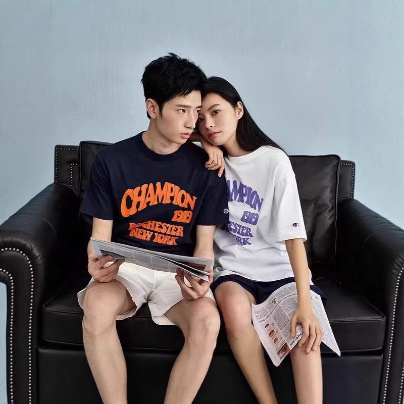 Champion Short-Sleeve T-Shirt with All Tags Intact, Spring/Summer 2026 New Model, Couple's Pure Cotton Round-Neck Printed Loose Embroidered T-Shirt