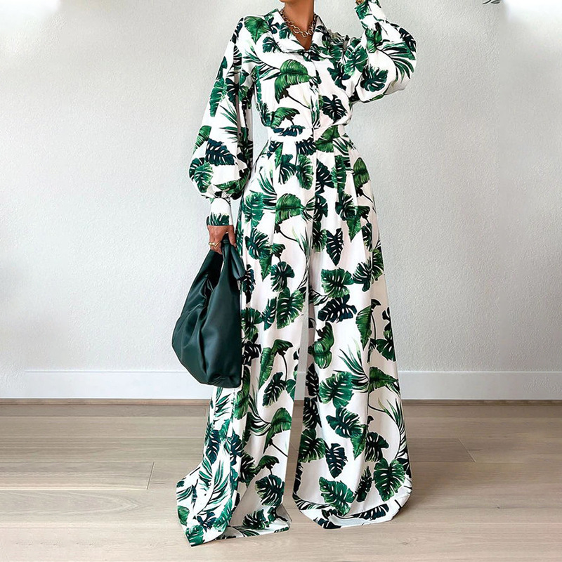 casual loose long-sleeved lapel high waist plant printed tops and pants suit NSJZC139605