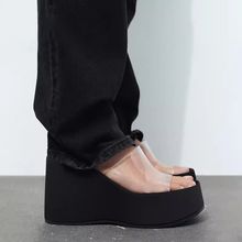 松糕增高坡跟沙滩凉拖2025新款透明带高跟厚底一字拖鞋女外穿夏季