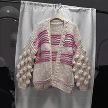 冬季新款棒针粗毛线手工编织双拉链条纹开衫毛衣外套重工 现货