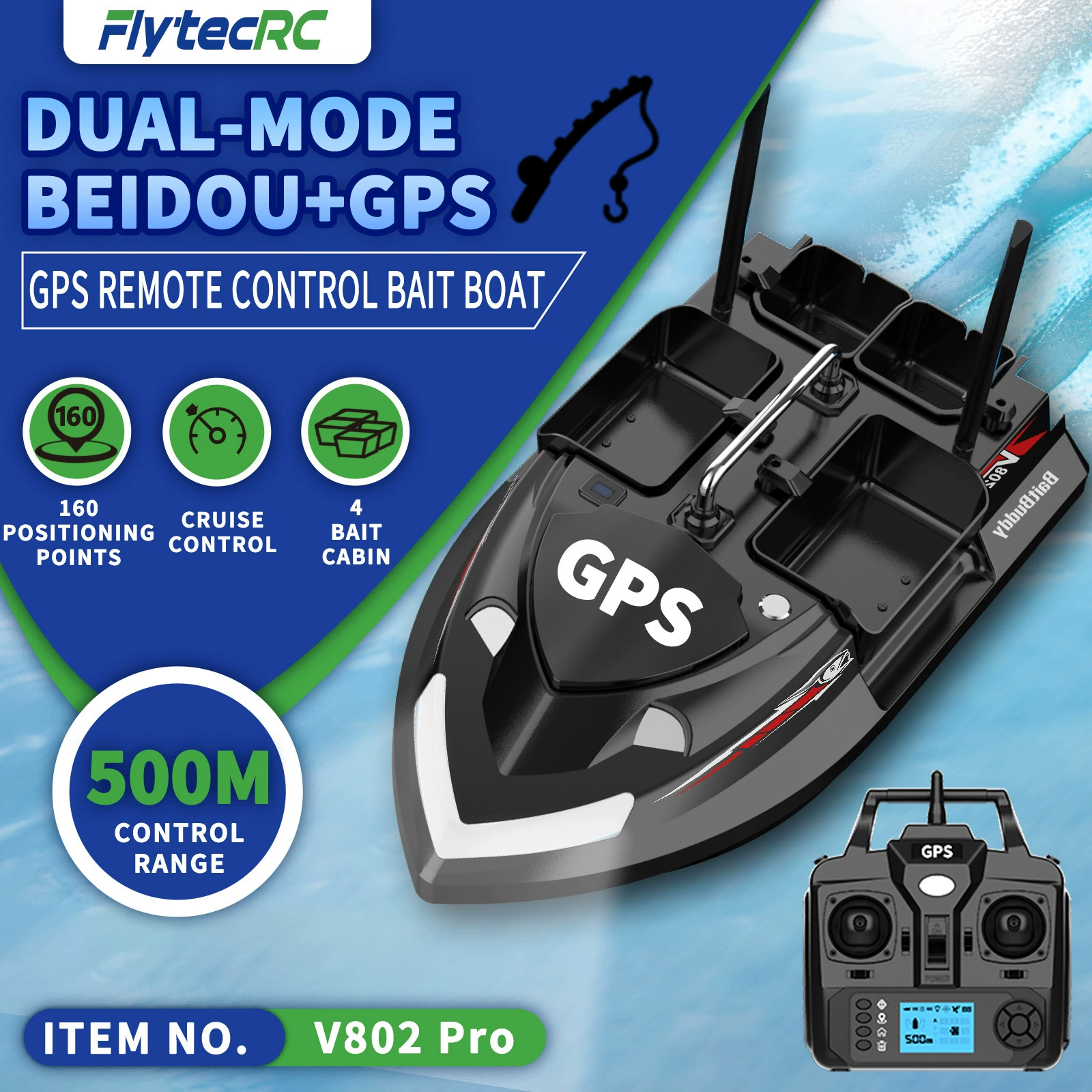 V802Pro Galileo 2.4G GPS лодка для приманки с 4 баками, дальность 500 м, 2-цветной сигнал