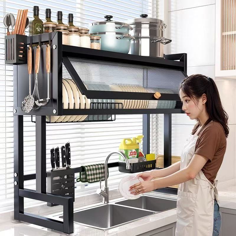 Estante de almacenamiento fregadero de cocina platos lavavajillas armario multifuncional puerta de armario a prueba de polvo platos almacenar marco de drenaje