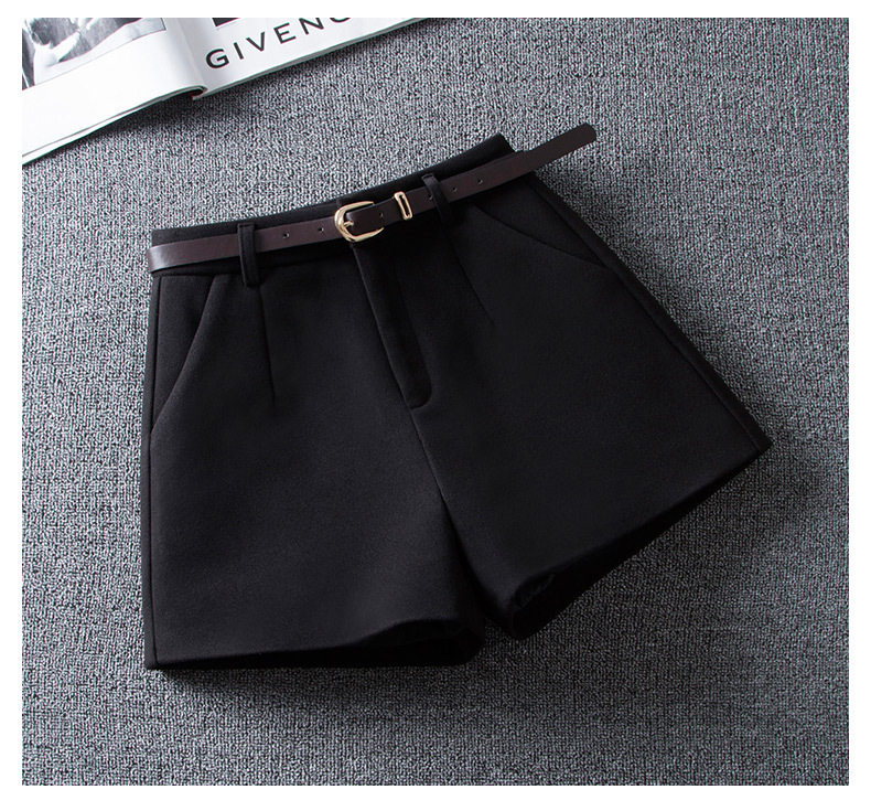 Quần short nữ len dạ cạp cao dáng suông tôn dáng mặc ngoài — đen chi tiết 4
