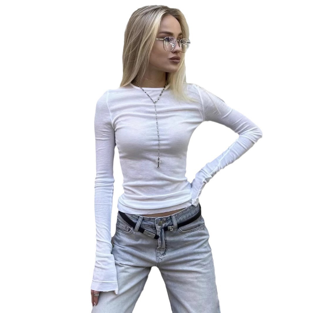 2024 otoño nuevo estilo europeo y americano transfronterizo ropa de mujer de color sólido moda delgada cuello redondo corno camiseta de manga larga camiseta mujer