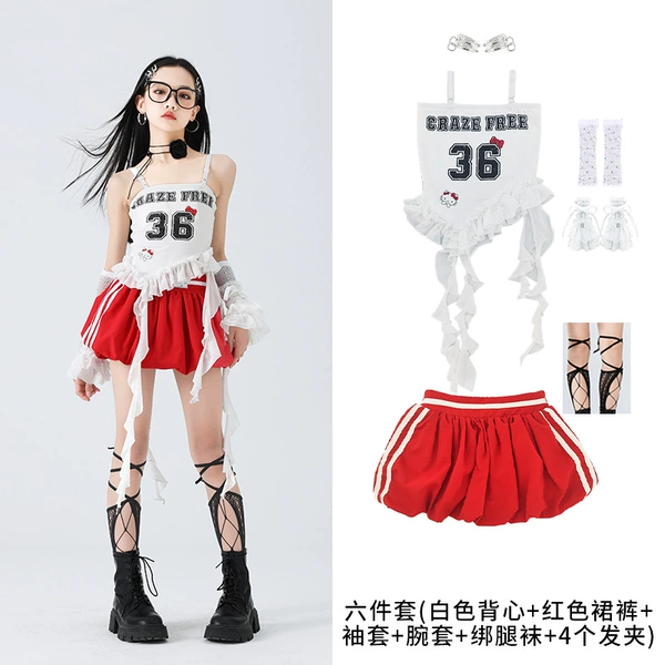 Set, white vest, red skirt, sleeves, hairgrip, 6 pieces