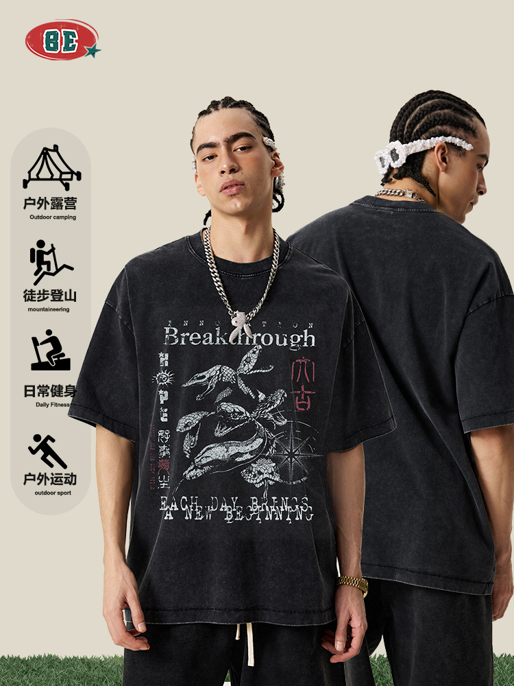 Ropa para Hombre BE | Camiseta de Verano 2025 con Estampado Envolvente del Año de la Serpiente, Estilo Oscuro, Lavada, de Manga Corta, para Hombre, Moderna, Retro, Lavada, de Marca Moderna