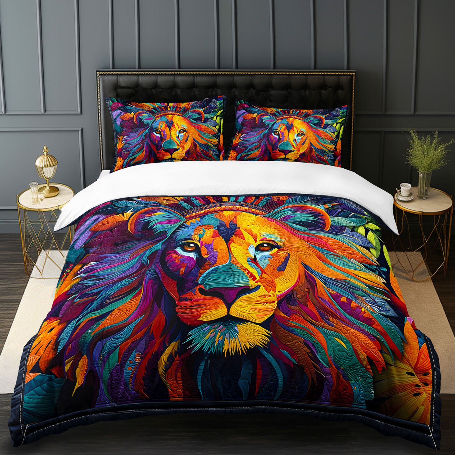 TEMU / JIT abrasión digital impresión cama colcha de cama pro-piel kit textil casero frío negro patrón de león fábrica fuente