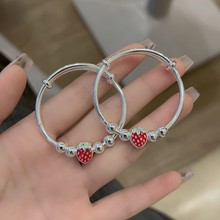 足银9999滴胶草莓串珠童镯女一对可爱甜美推拉款实心纯银镯子宝宝