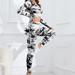 跨境歐美無縫扎染瑜伽套裝長袖上衣高腰提臀瑜伽褲健身套裝運動女