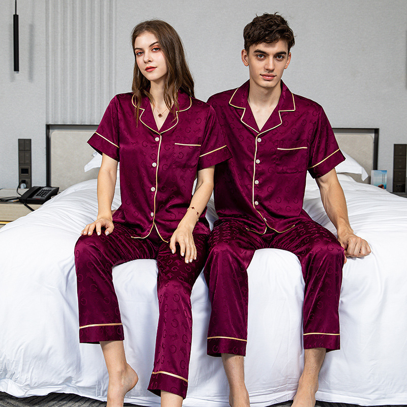 Summer Couple's Ice Silk Pajamas, Women's Short-Sleeved Long Pants Lapel Suit, Can Be Worn Outside, Large Size Casual Wedding Home Wear Summer Couple's Ice Silk Pajamas, Women's Short-Sleeved Long Pants Lapel Suit, Can Be Worn Outside, Large Size Casual Wedding Home Wear