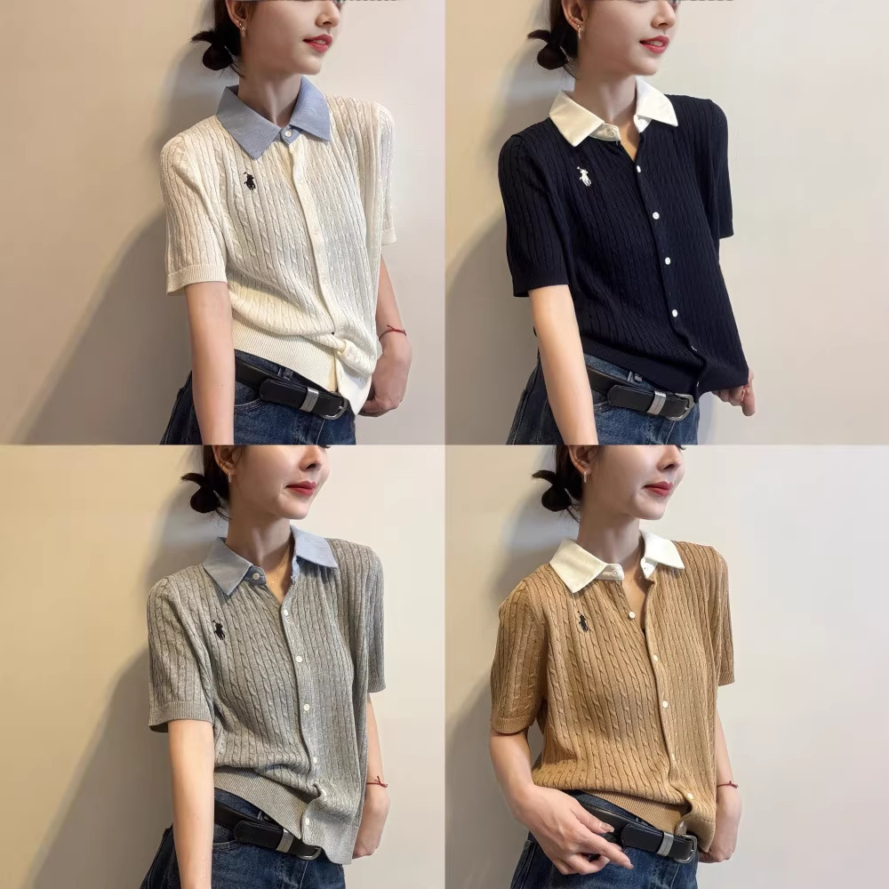 2026春夏新款时尚刺绣标短袖亚麻针织衫女时尚麻花纹小个子上衣潮