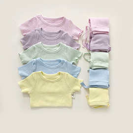 韩版男女婴儿童纯棉睡衣宝宝短袖套装么么卷糖果色边坑条纹家居服