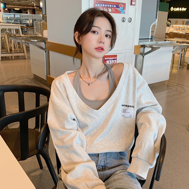 Fake Two-Piece Sweatshirt Women's Short Spring and Autumn Thin Korean Style chic Design Sense Niche Early Autumn Early Autumn Top Trendy ins