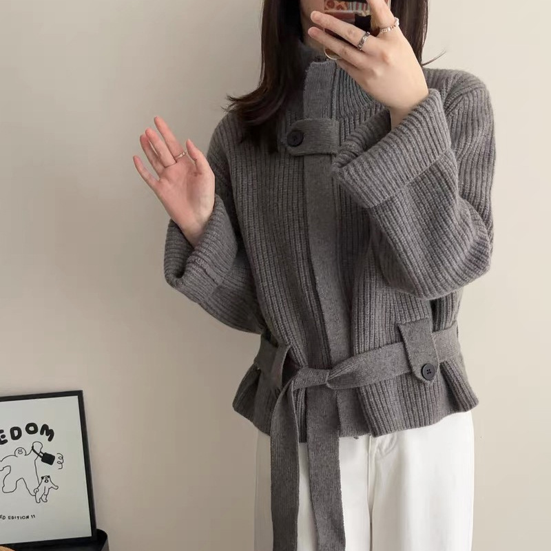 Designer's New Style Old Money Style Stand-Up Collar Lace-Up Waist Sweater Women's Autumn and Winter High-End Elegant Sweater Jacket