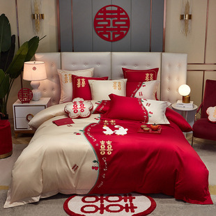 Light luxury wedding four-piece cotton long-staple cotton wedding dowry six-piece set high-end cotton embroidery multi-piece bedding set