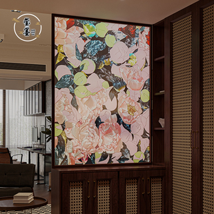 Enamel Art Glass Entryway Partition Screen for Clients, Light Luxury Entryway Half Wall, New Chinese Style