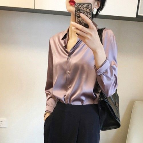重磅缎面仿真丝衬衫女秋季新款外穿年高级感衬衣高端洋气上衣女|undefined