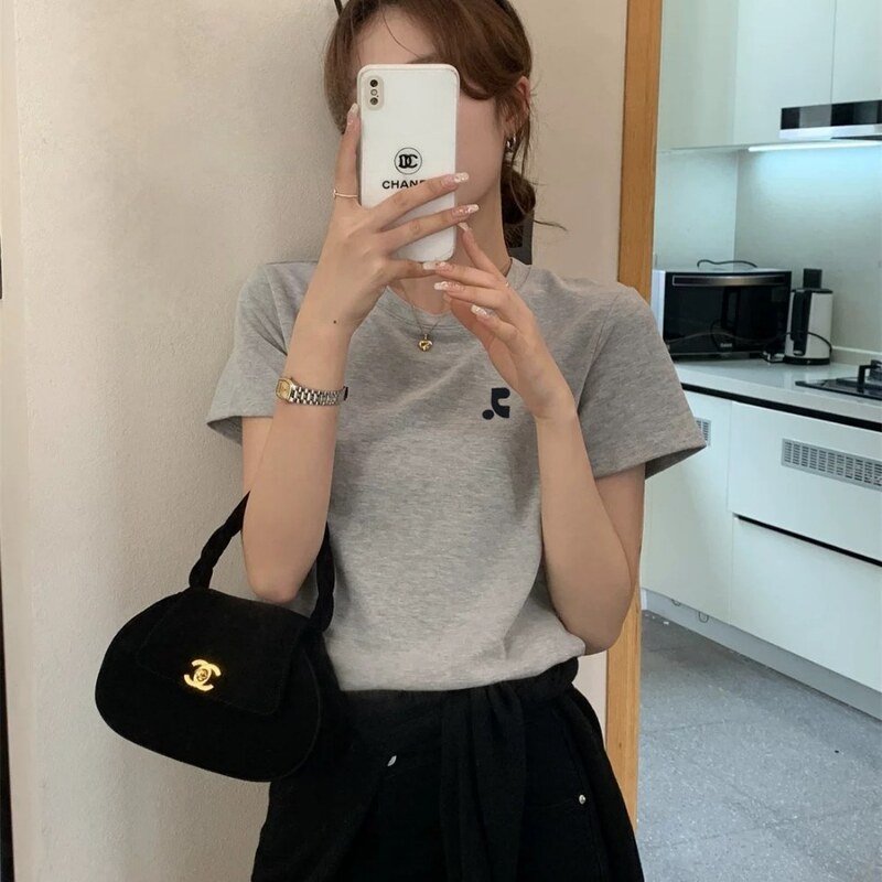 Korean Restandrecreation Spring and Summer Rr Letter Print Round Neck Straight Shoulder Solid Color Short-Sleeve T-Shirt Base Shirt