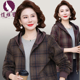 2025 New Spring Plaid Middle-Aged and Elderly Women's Outwear Hooded Jacket Age-Reducing Plus Size Mother's Woolen Outwear