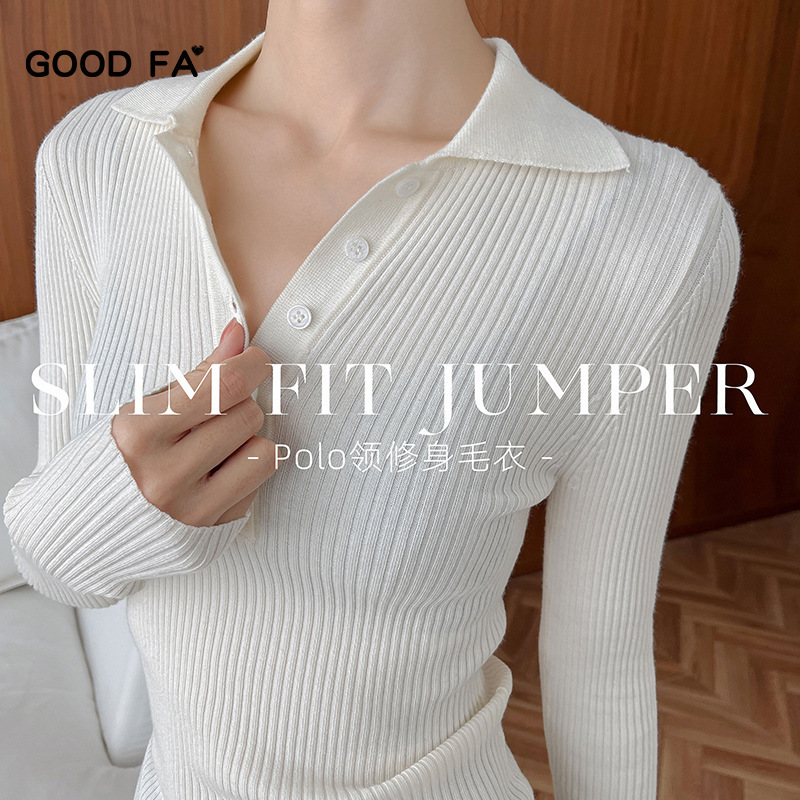 Good Fa 2025 Autumn/Winter Polo Collar Knitwear with Three-Dimensional Ribbed Slim Fit Base Sweater 25591