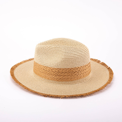 Hat Women's Summer Retro Color-Blocked Straw Hat Raw Edge Sun Protection Sun Hat Korean Style Women's Wide Flat Brim Hat Jazz Top Hat