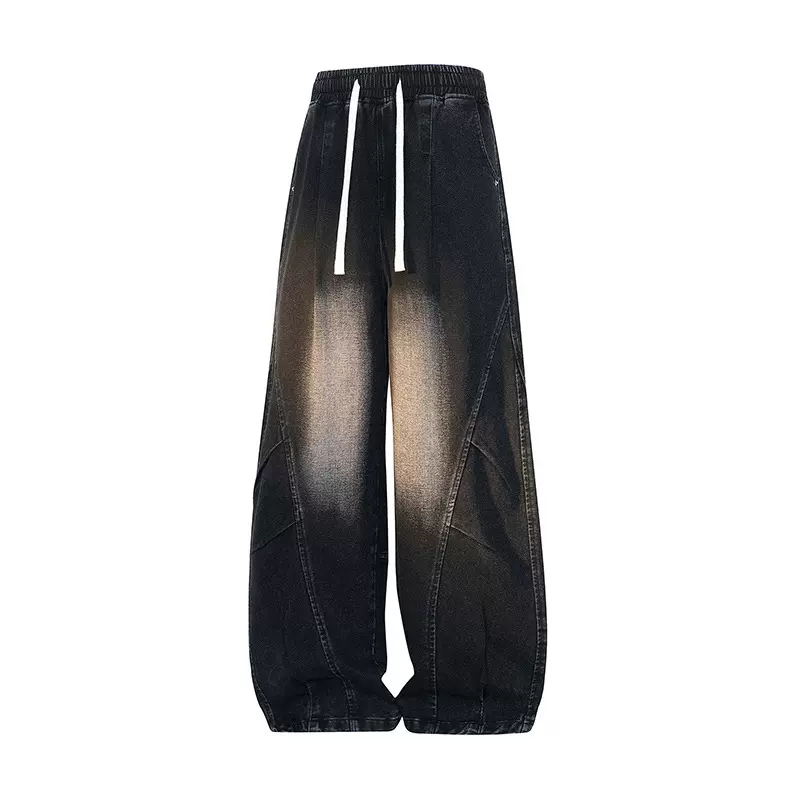 美式高街牛仔裤男生vibe秋季皱褶高级感直筒宽松男款弯刀休闲裤子