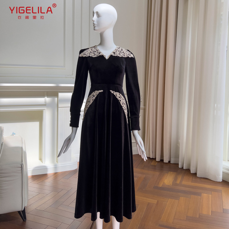 French Retro Style Black Dress Shirt Sleeve Slim Evening Dress Hepburn Style Velvet Long Skirt 68880 French Retro Style Black Dress Shirt Sleeve Slim Evening Dress Hepburn Style Velvet Long Skirt 68880