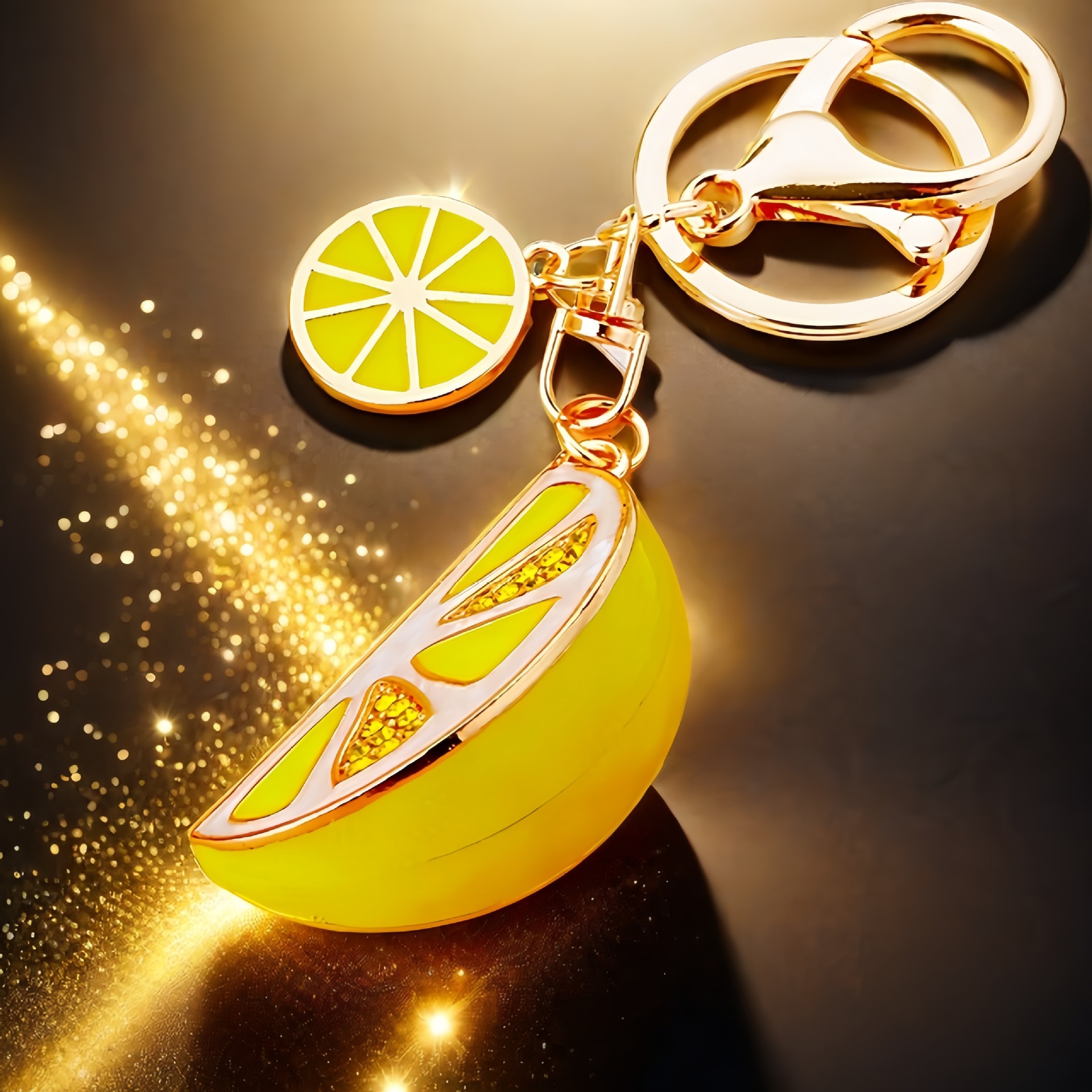 Creativo lindo diamante fruta pequeño limón llavero del coche bolso de las mujeres colgante de metal llavero anillo de regalo de dibujos animados