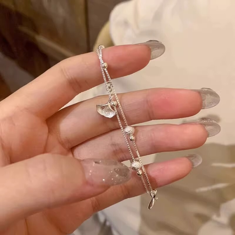 925 Sterling Silver Double Layer Stacked Wearing Ginkgo Leaf Bracelet Women's Light Luxury Niche Exquisite 2024 New Jewelry