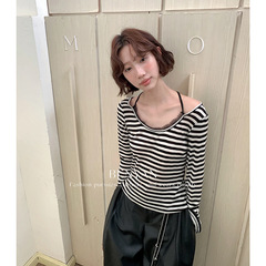 BENYAN本言 秋法式设计感花边蕾丝拼接挂脖条纹显瘦针织衫女82320