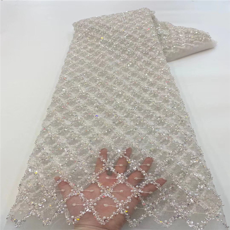 Clásico diamante malla arroz cuentas lentejuelas cuentas bordadas tubo lentejuelas bordado tela vestido falda encaje Malla tela JX2994