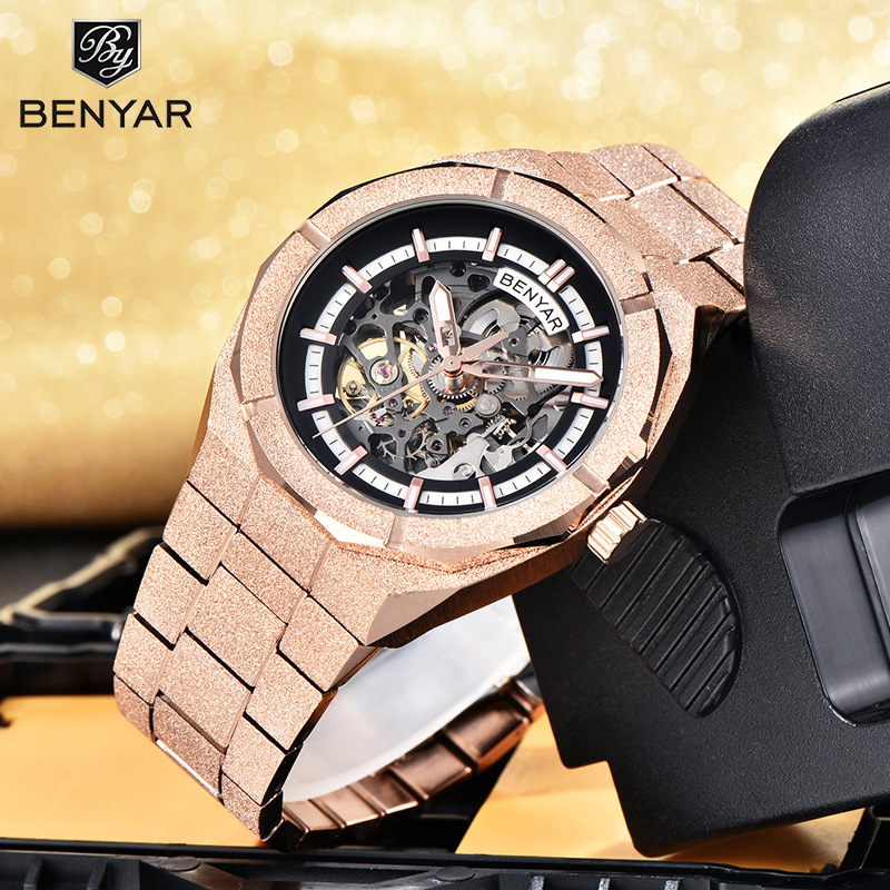 Benyabenyar reloj de hombre mecánico automático de moda impermeable nocturna deportivo hueco reloj de pulsera de acero 5212