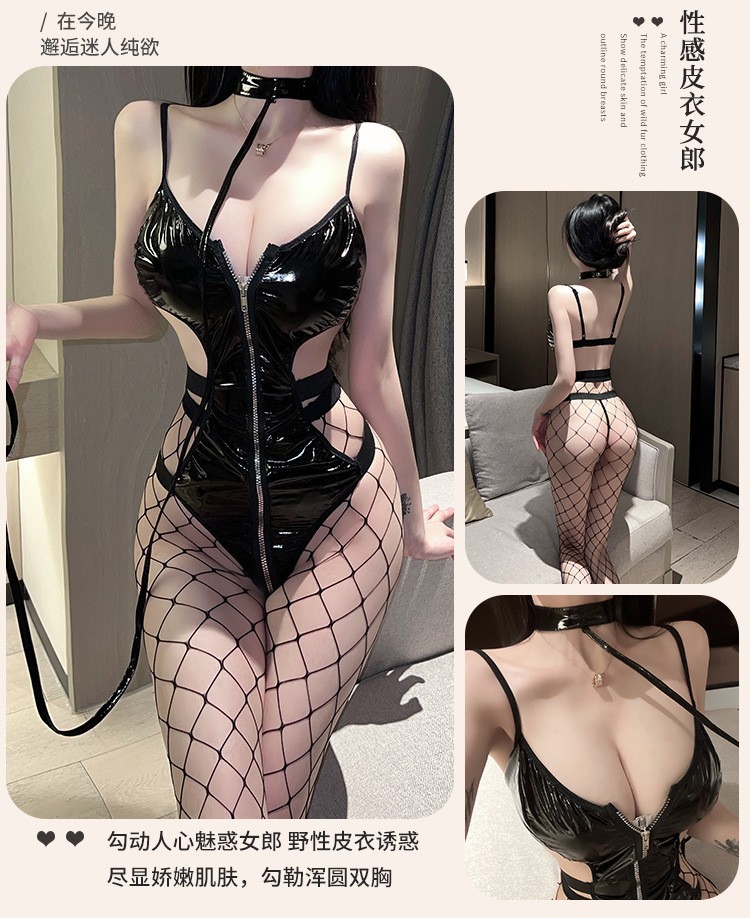 Women’s Faux Leather Cosplay Bodysuit with Matching Stockings, Backless One-Piece — detail image 9