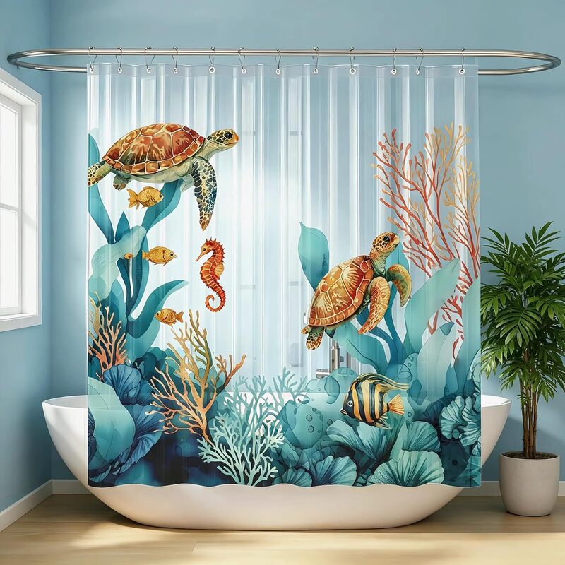 CAPQL Transparent Turtle Shower Curtain Liner, Cute Ocean Nautical Coastal Beach Theme Bathroom Shower Curtain, 72x7 CAPQL Transparent Turtle Shower Curtain Liner, Cute Ocean Nautical Coastal Beach Theme Bathroom Shower Curtain, 72x7
