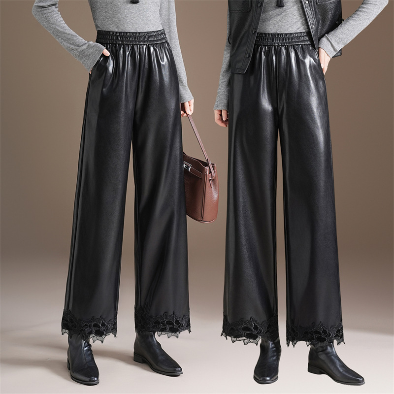 Counter Autumn and Winter Women's Genuine Leather Wide-Leg Leather Pants Sheepskin Korean Style High-Waist Fashion Mom Casual Pants Wholesale