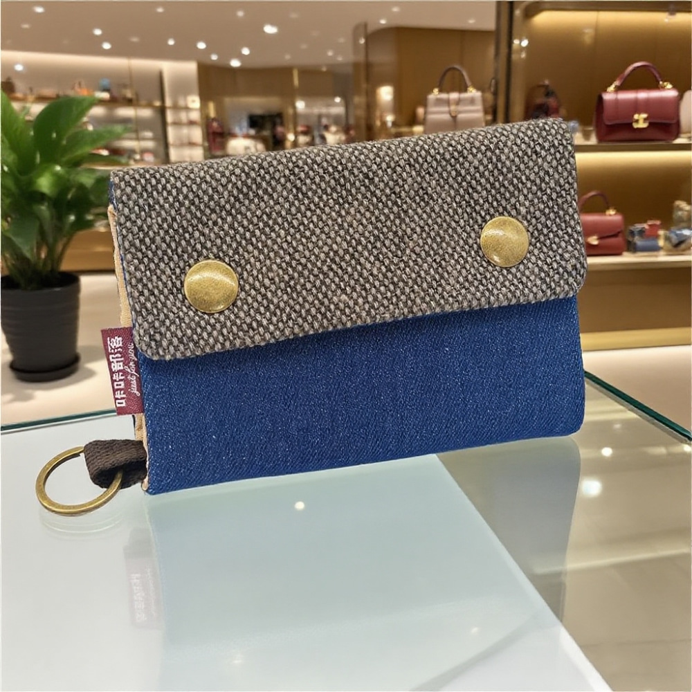 Cartera de lona de mezclilla triple con estampado de dibujos animados creativo, simple para hombres y mujeres, estuche para tarjetas de lona, estuche para llaves