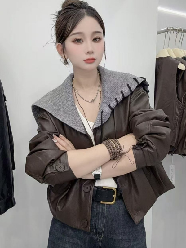 韩系设计感海军领皮衣外套女2025早秋新款宽松显瘦百搭小个子上衣|undefined