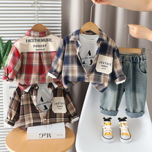 男童2025秋装套装1一2-3岁宝宝拼色衬衫外套儿童春秋三件套童装