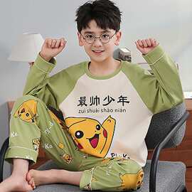 春夏季男童睡衣棉质长袖薄款套装空调中大童卡通儿童青少年家居服