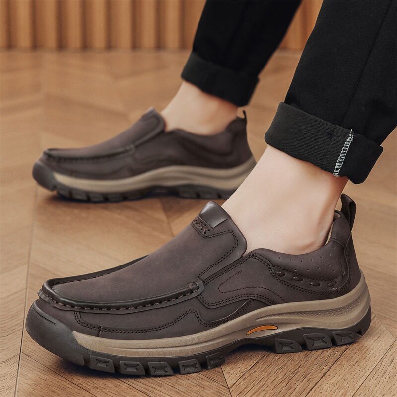 Giày lười nam đế dày da thoáng khí chống mài mòn cổ thấp gót 3 cm — Nâu sẫm, màu đen