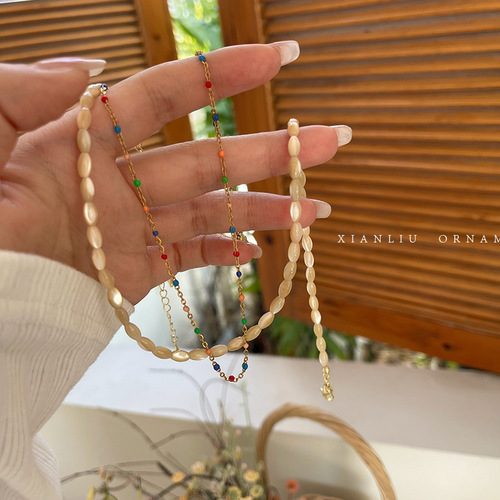 Layered Double Wearing Oil Mother-of-Pearl Necklace Korean Style Fashion Jade Color Chain Clavicle Chain Rice Bead String Necklace for Women